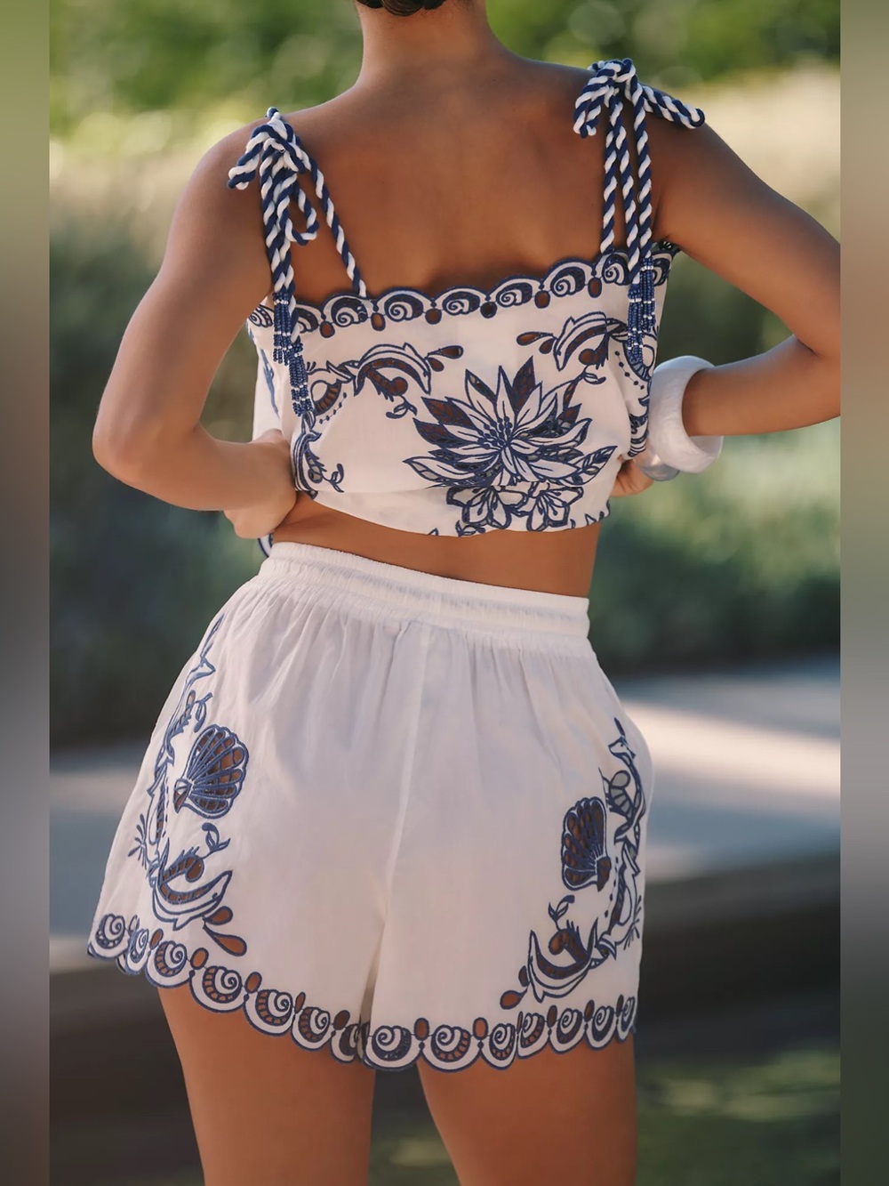 Farm Rio: Garden Tiles Embroidered Richelieu Shorts - Picture 3 of 8